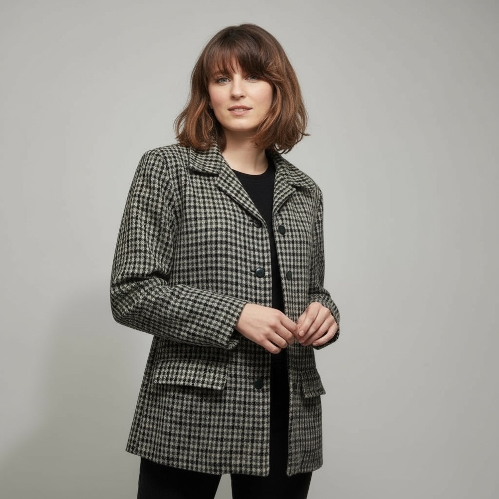 GAP Recycled Wool Blend Gray Black Plaid Button Front Blazer Jacket Size S